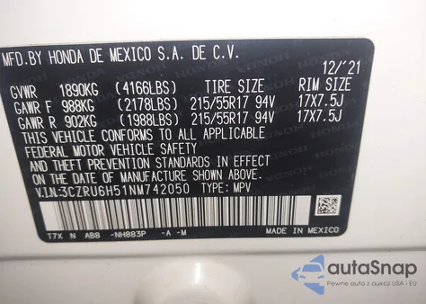 2022 Honda Hr-V Awd Ex из США, поврежденный, VIN 3CZRU6H51NM742050